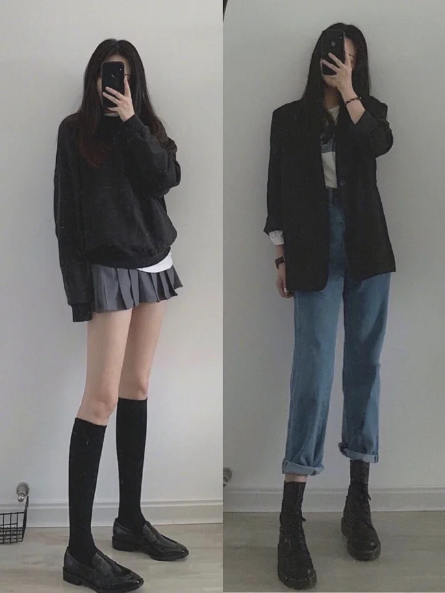 20岁酷女孩的秋季黑色穿搭示范
