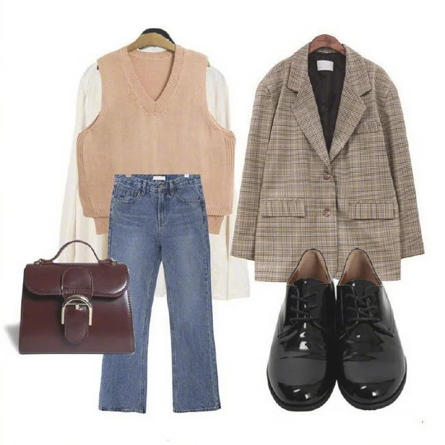 女人冬季格子呢西装外套穿搭示范