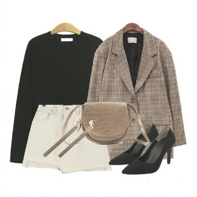 女人冬季格子呢西装外套穿搭示范