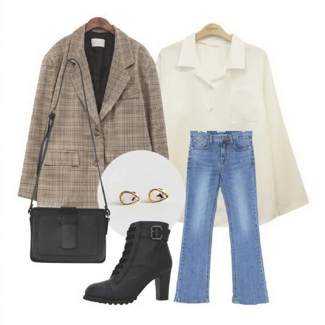 女人冬季格子呢西装外套穿搭示范