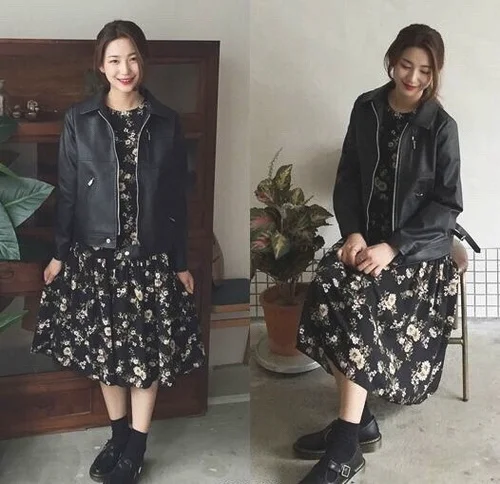 皮衣+碎花裙 早春穿优雅又小帅气