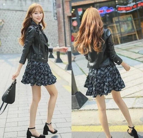 皮衣+碎花裙 早春穿优雅又小帅气