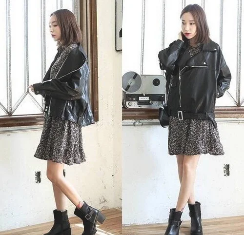 皮衣+碎花裙 早春穿优雅又小帅气