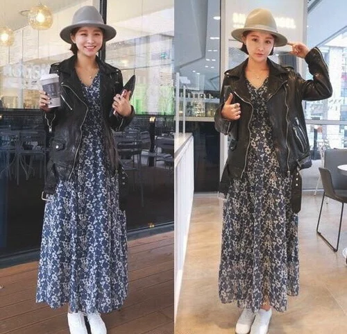 皮衣+碎花裙 早春穿优雅又小帅气