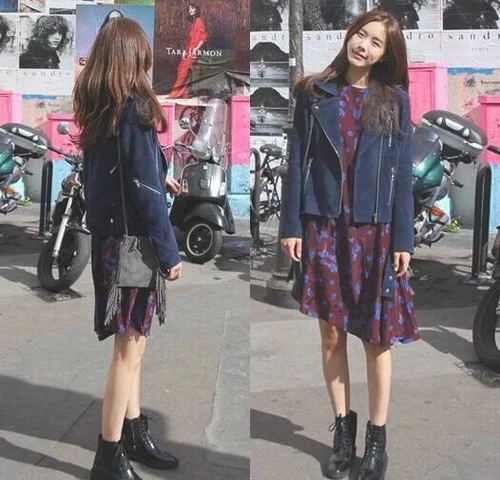 皮衣+碎花裙 早春穿优雅又小帅气